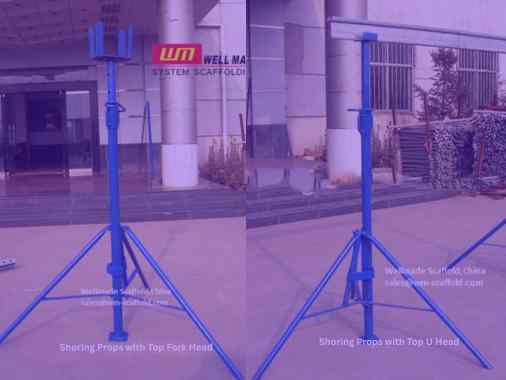 shoring props with top fork head and u head supported by tripod